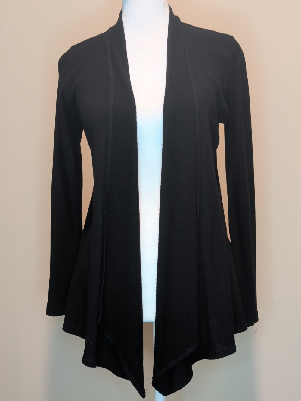 Maude Black Ribbed Knit Open-Front Draped Cardigan